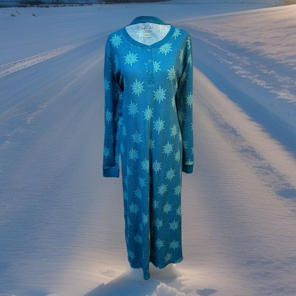 Dreams Co long sleeve waffle knit teal snowflake print pajama nightgown Size 1X